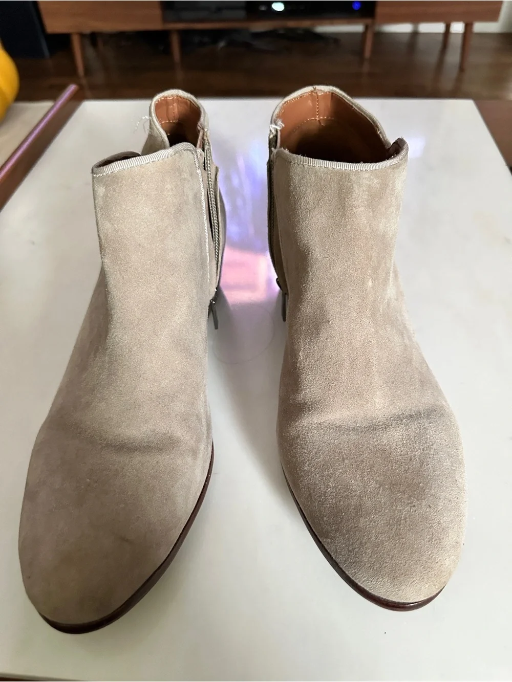 Sam Edelman Beige Suede Ankle Booties with Low Stacked Heel